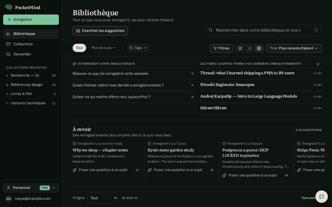 La bibliothèque Pocketmind sur ordinateur